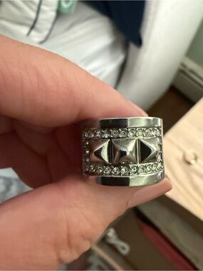 Wide Silver-Tone Studded Ring with Clear Rhinestones